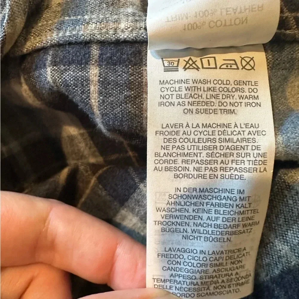 J.Crew blue/grey plaid flannel button down with suede elbow pads
